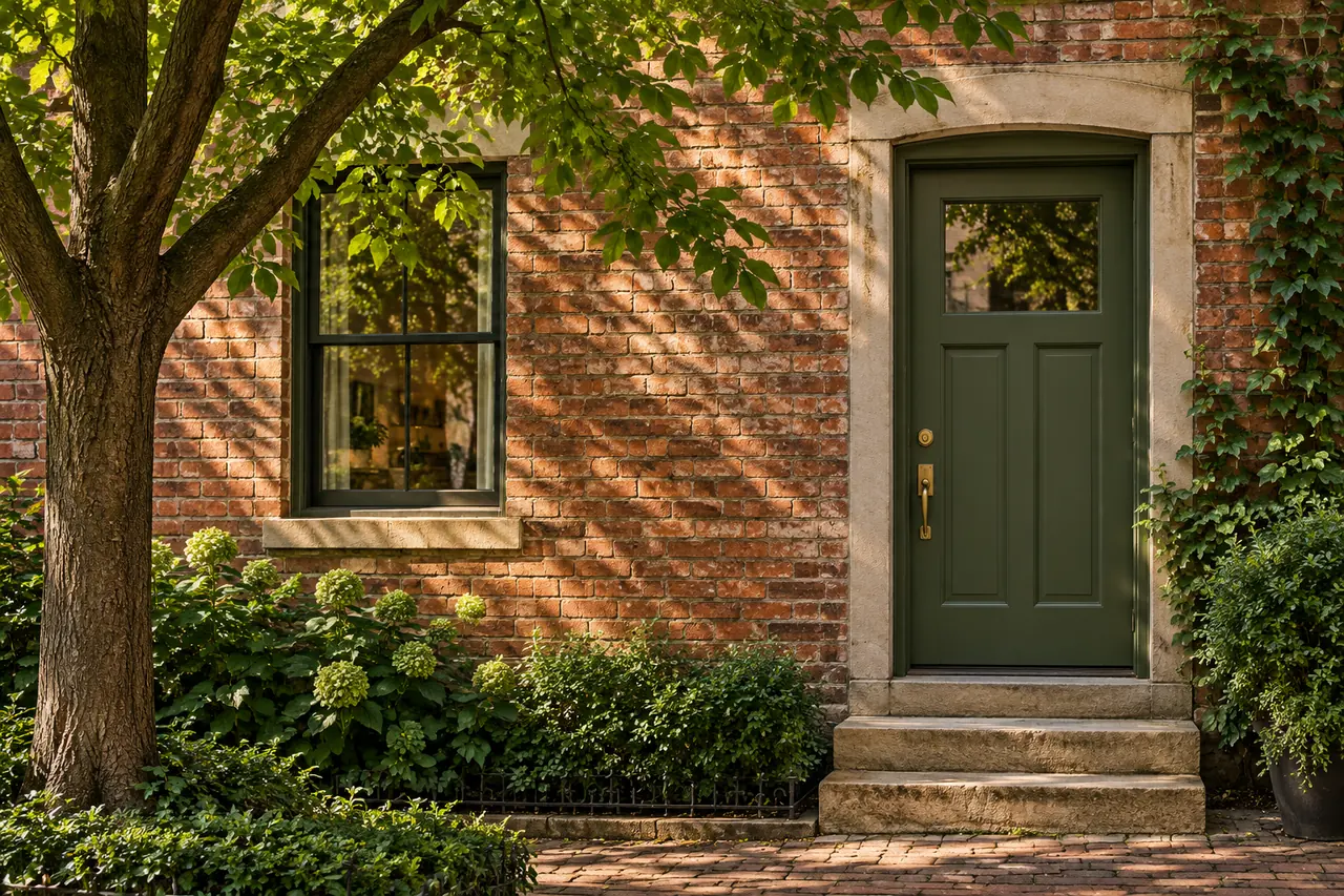 A green front door set into warm red brick, with a stone step and leafy shade