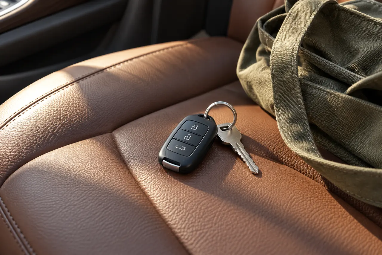 An unbranded car key fob and metal key resting on a leather seat